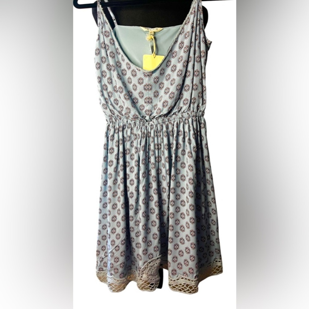 REVIEW Floral Print Sundress Light Blue XS $79 Crochet Trim Cottage Core